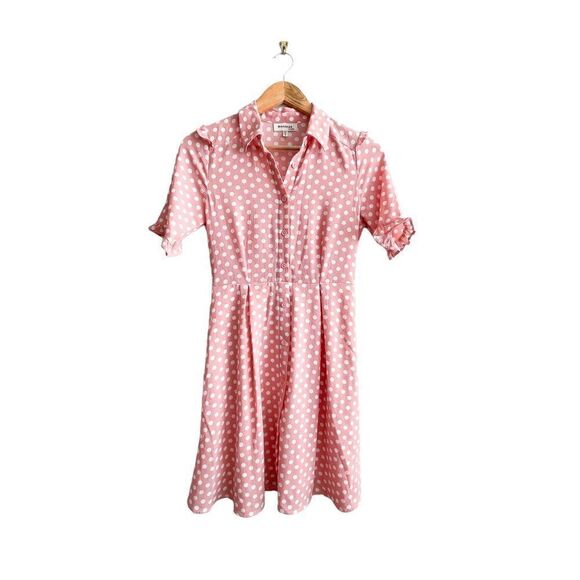 Monteau Dress Pink White Polka Dot Short Sleeved Button Up Fit & Flare Women's S - Picture 1 of 9
